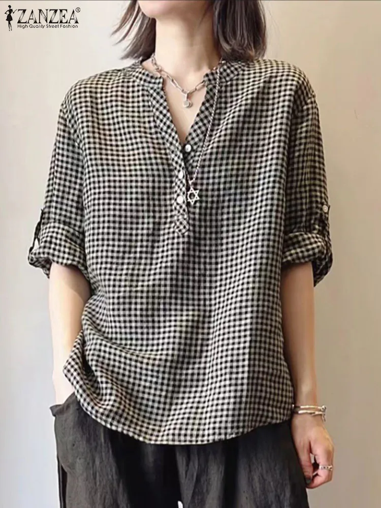 Vintage Women Long Sleeve Plaid Checked Blouse Spring Shirt ZANZEA Fashion Holiday Tops Tunic Casual Loose Party Blusas Chemise