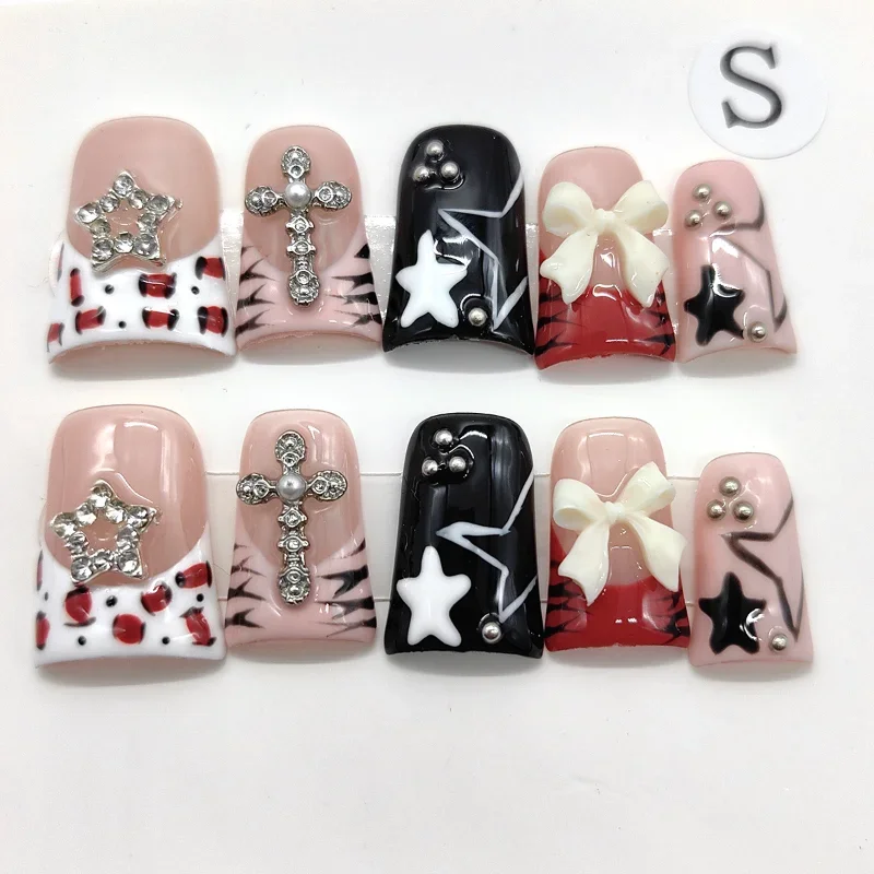 

10pcs Handmade Duck Press on Nails Y2K False Nails Leopard Print Fake Nail Tips Short French Design Ins Spice Girl Wearable