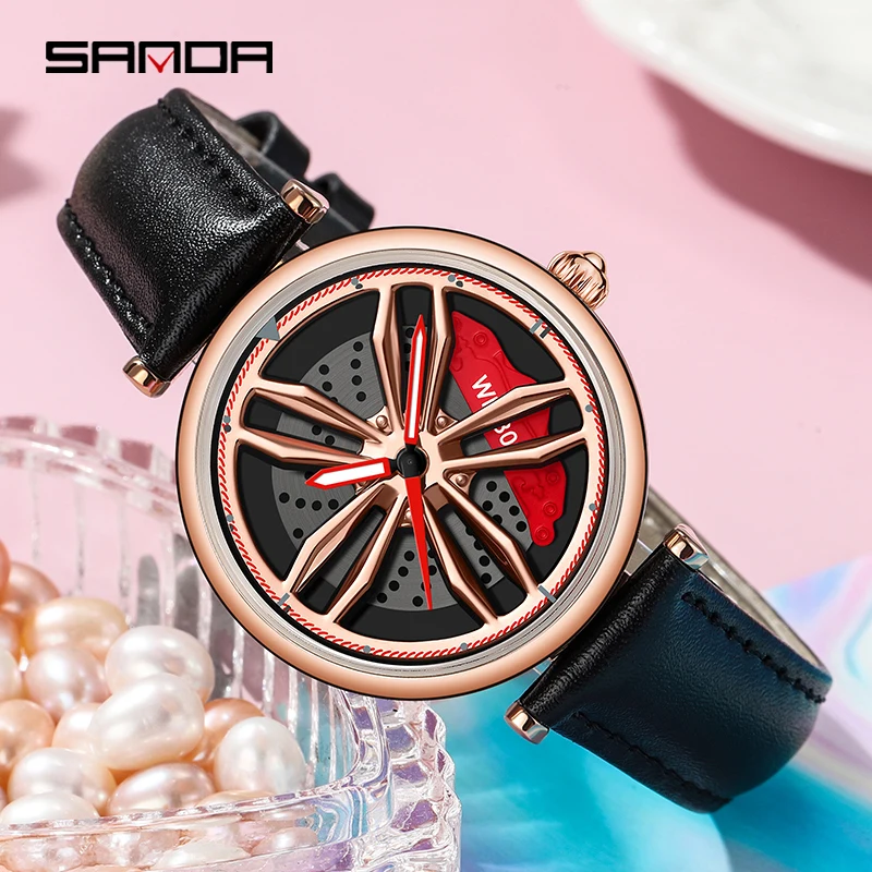 SANDA P1074 Luxury Sport Car Wheel Watches For Women Top Brand Rim Dial 3D Fashion Ladies Waterproof Wristwatches Female Clock