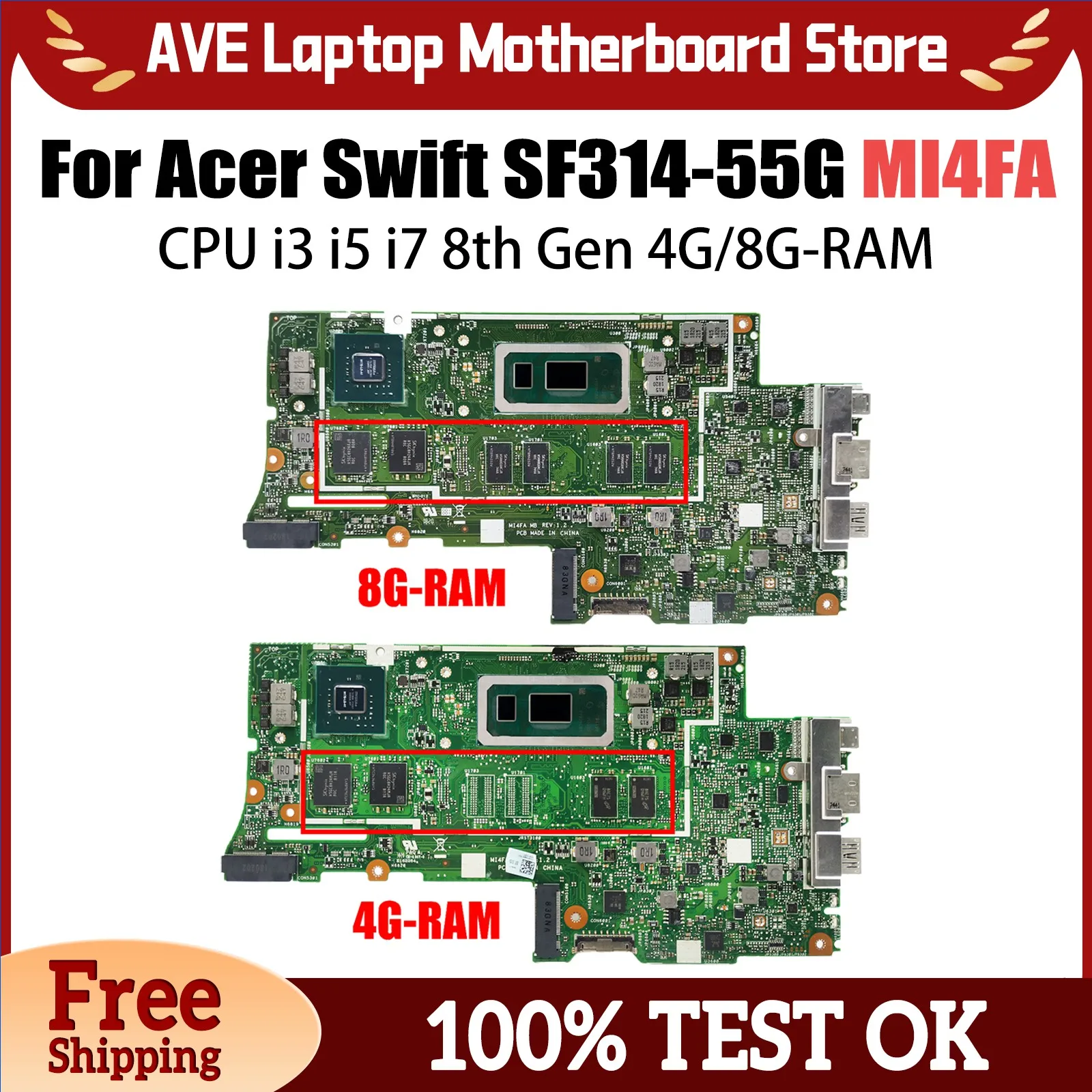 MI4FA Mainboard For Acer Swift SF314-55 SF314-55G Laptop Motherboard With CPU i3 i5 i7 8th Gen 4G/8G-RAM MX150/V2G GPU