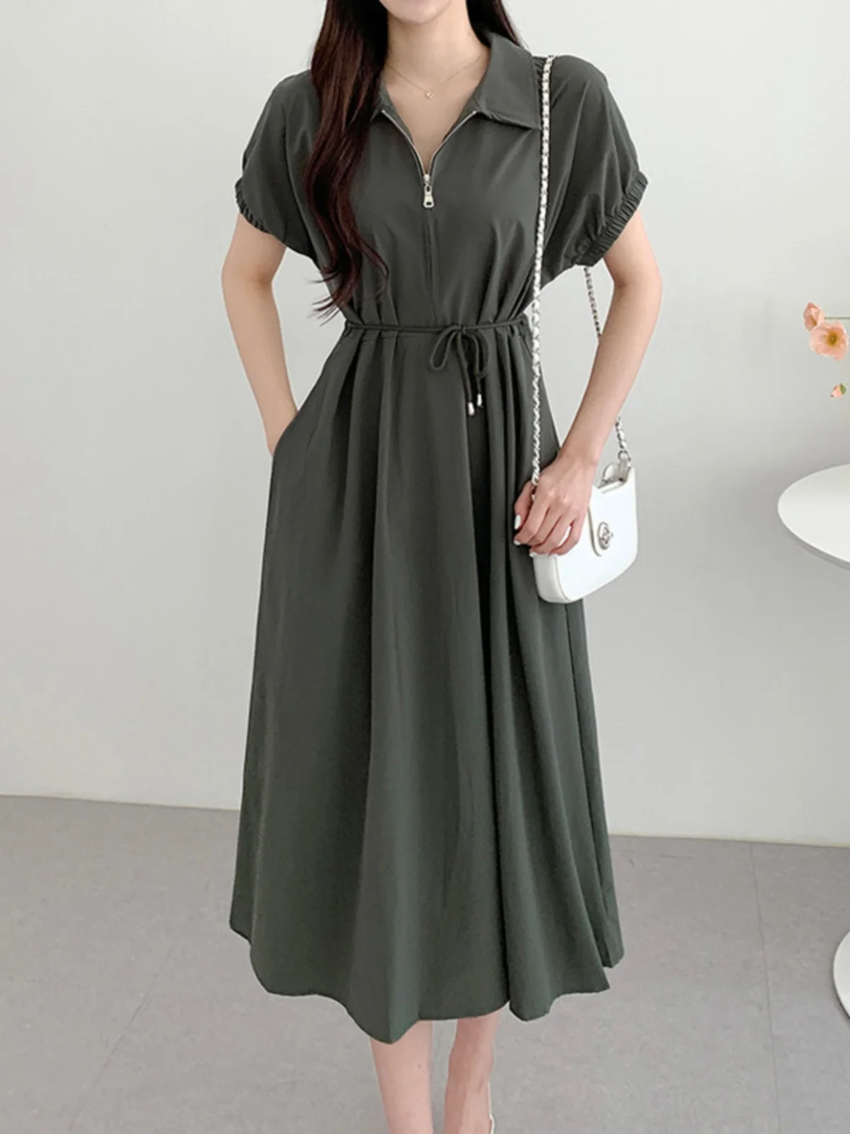 시크 캐주얼 칼라 슬림핏 미디 드레스 여성용 스타일리시 여름 패션 트렌디 우아한 긴팔 드레스