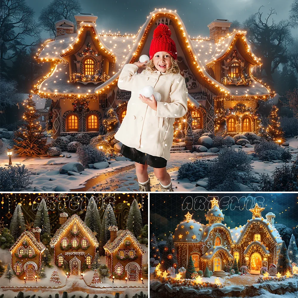 Winter Gingerbread Christmas Village Backdrop Gingerbread Houses Lights Trees Twinkling Stars Background Photo Studio Photocall