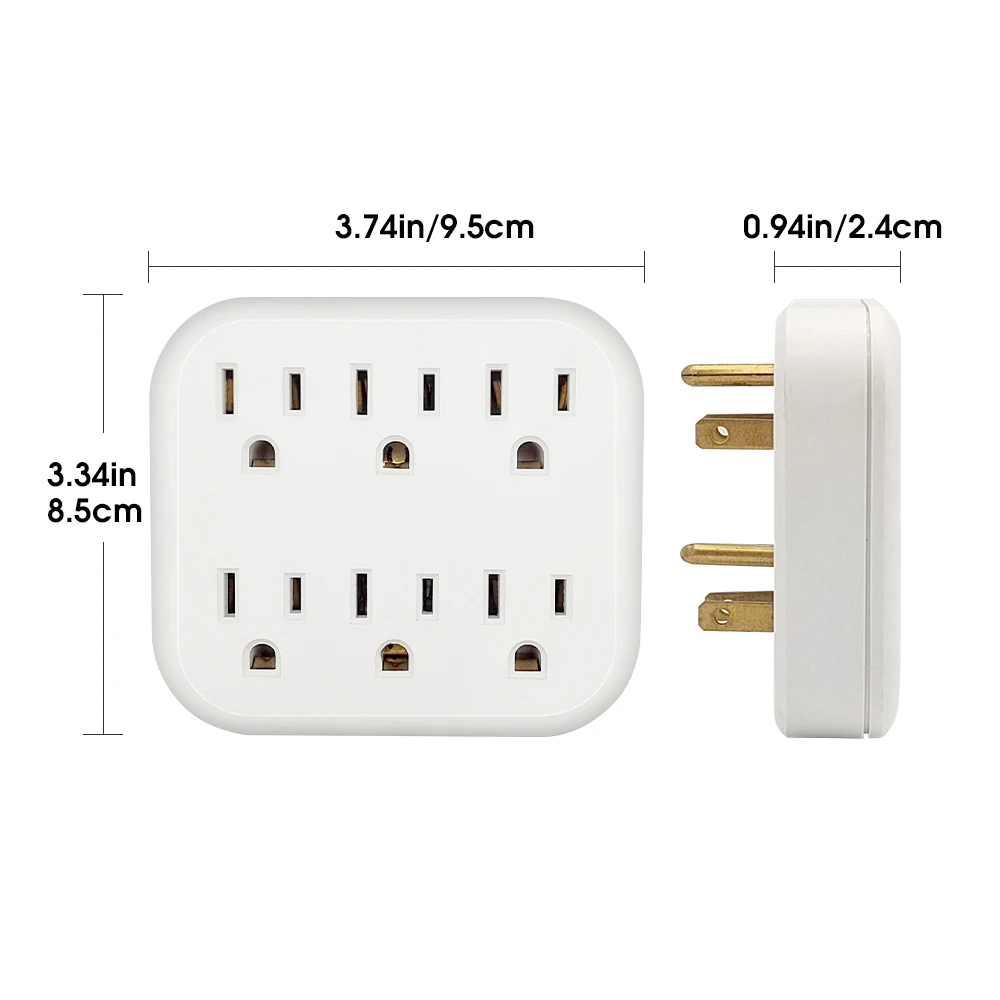 6 Outlet Extender Grounded Wall Adapter, With 3 Prong Power Outlet Splitter Grounded Wall Label 15A/125V/1875W