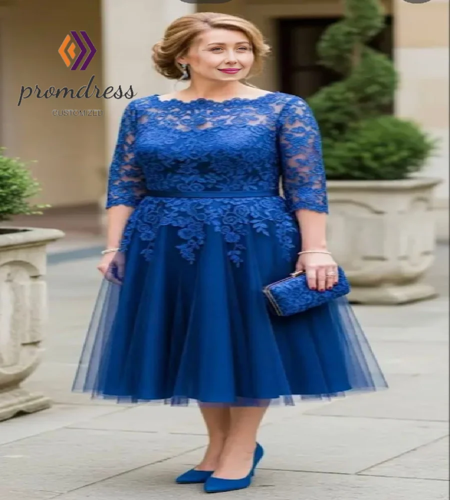 

Outdoor Blue Mother Of The Bride Dress With Lace Tea Length A Line Tulle Groom Mom Wedding Guest Dress 2025 Evening Party Custom