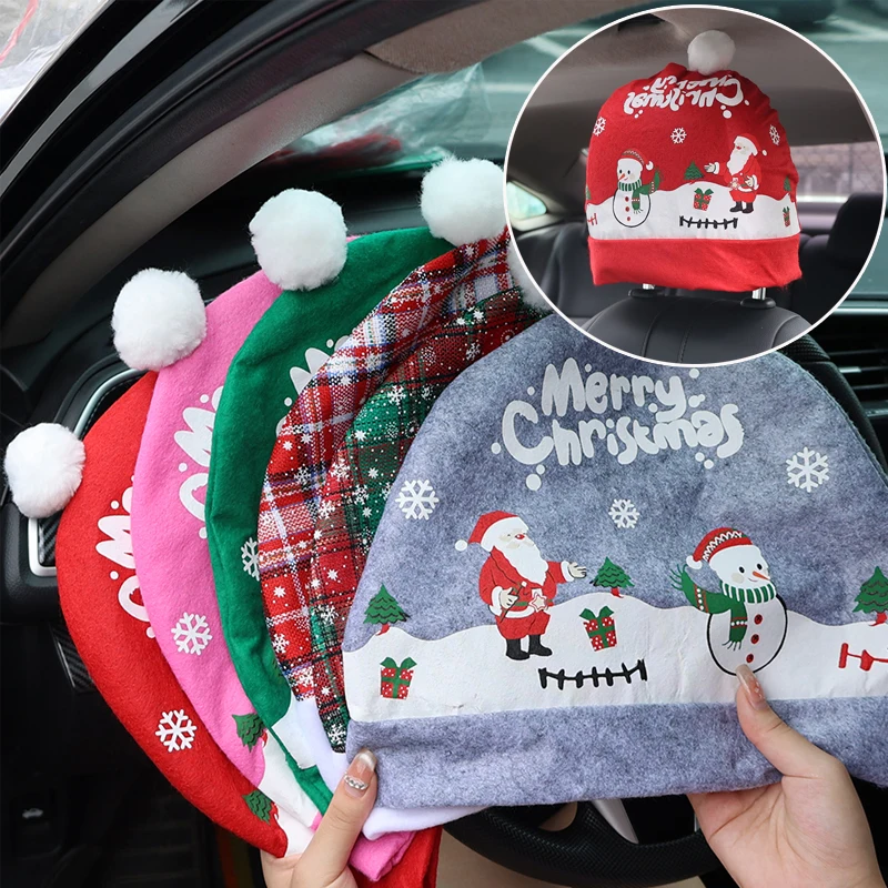 Universal Car Seat Headrest Cover Protection Covers Santa Claus Snowflake Christmas Car Decoration for Tesla BMW Benz Nissan