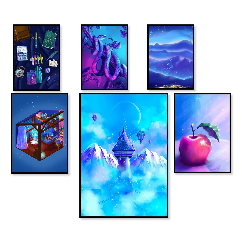 

Witch art print, whimsical apple, magic city, skeletons, mountain city, magic snake in neon colors, pastel aesthetic poster