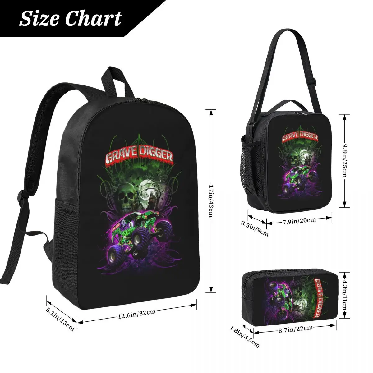 Zaino classico modello Monster Jam Truck Zaino per ragazzi e ragazze Borsa da scuola Borse a tracolla per laptop Borsa da pranzo isolata 3ps Astuccio