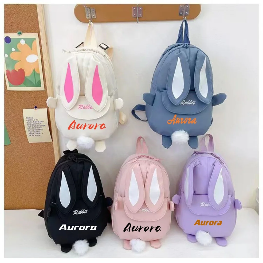 Personalised Kawaii Bunny Backpack for Girls with Cute Rabbit Ears and Fluffy Bear Pendant School Bookbag for Kids