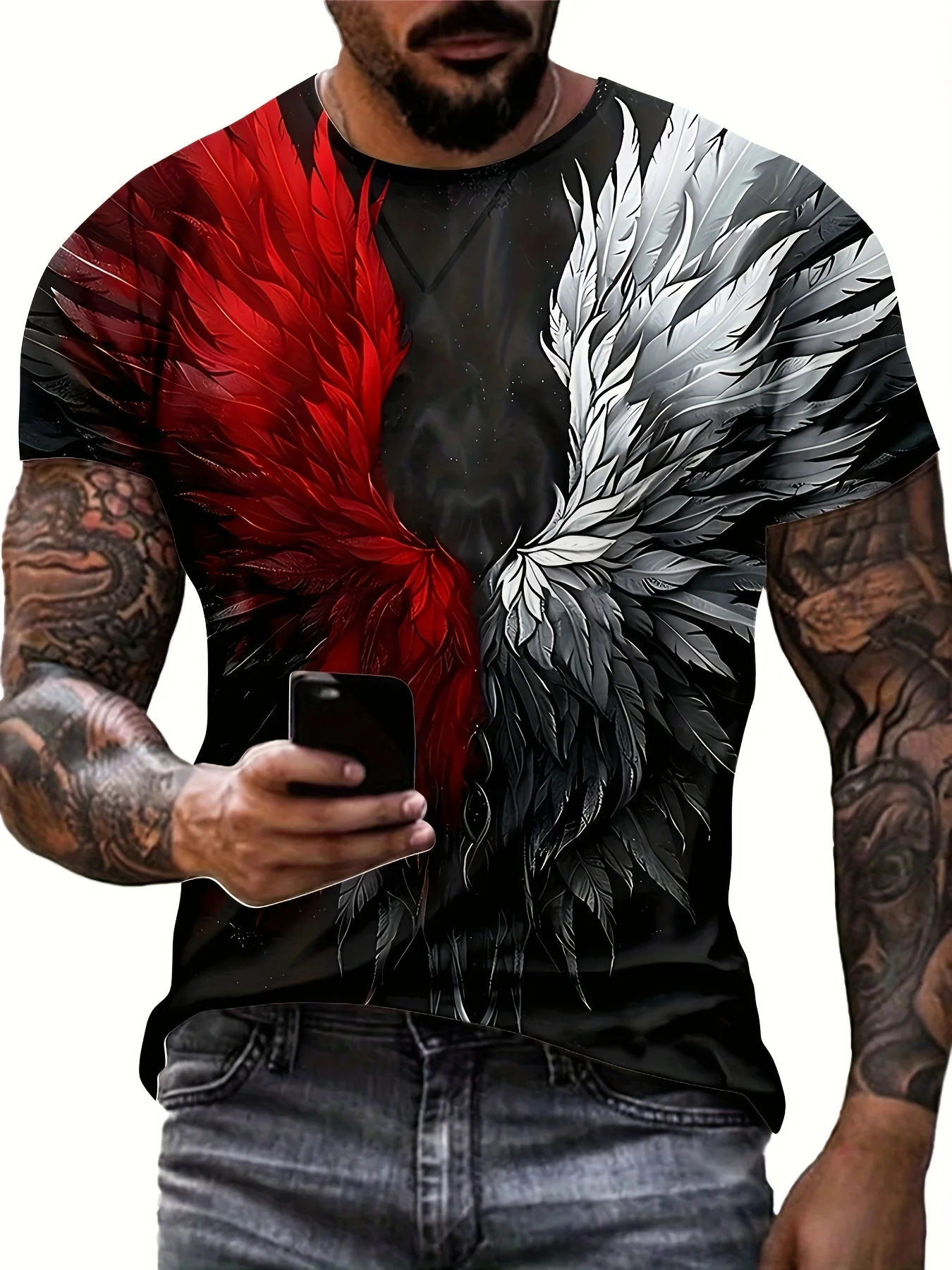 

Men's Wings Graphic Print T-shirt, Short Sleeve Crew Neck Tee, Men's Clothing for Summer Outdoor Streetwear