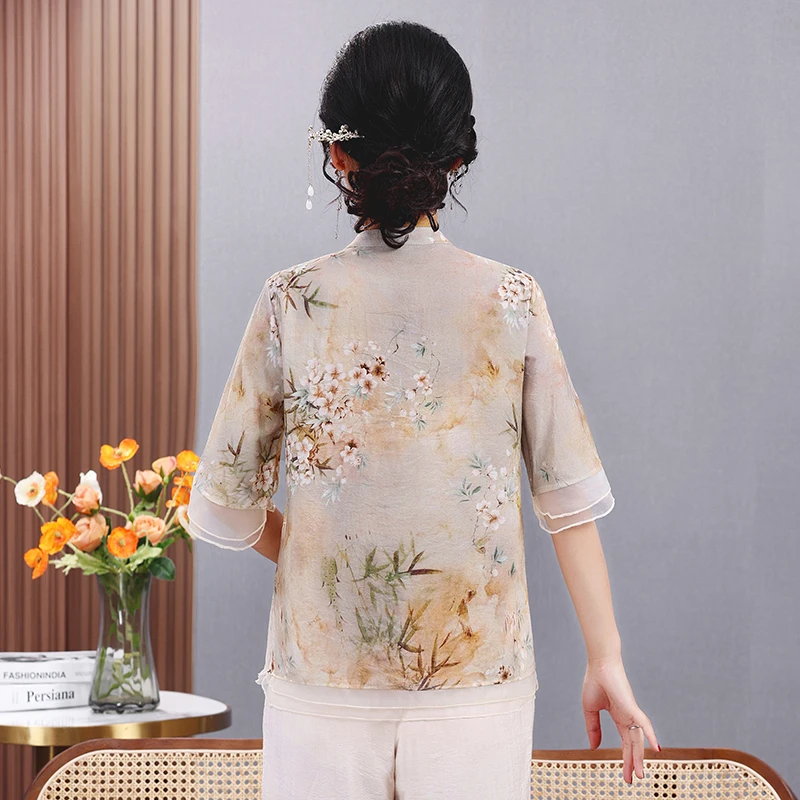 Women\'s Chiffon Summer Blouse Plus Size Shirt T-shirt Retro Pattern Lapel Half Sleeve Top Women\'s 2024 New Clothing