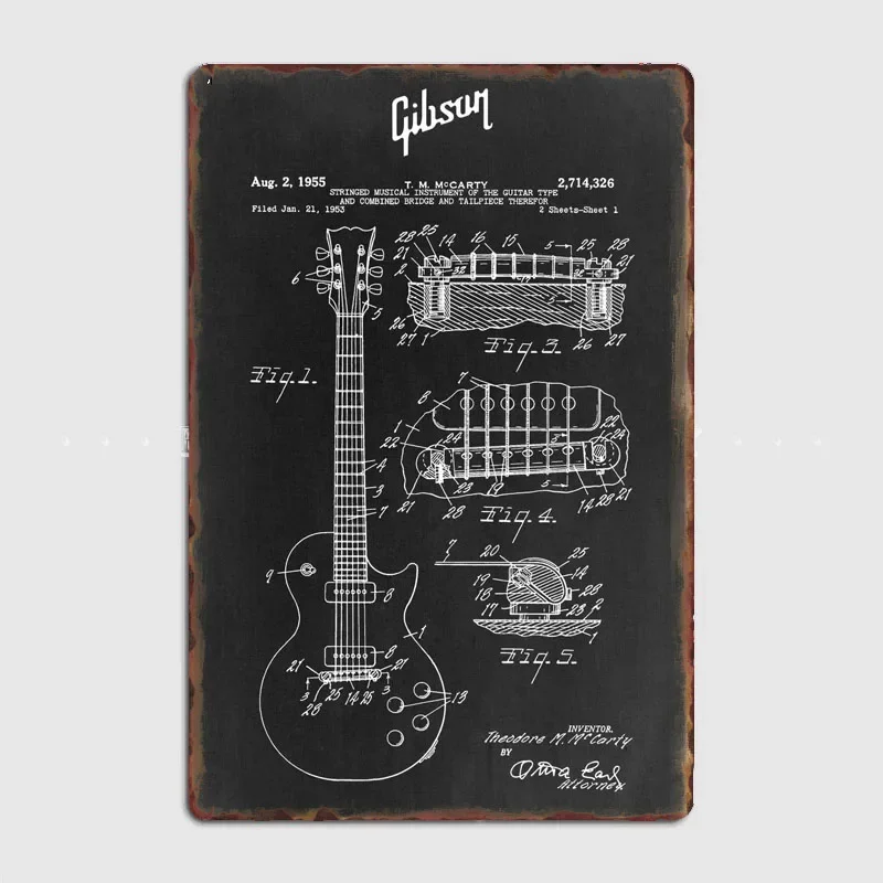 Gibson Les Paul Blueprint Artistic Panel Decoration Featuring Characters and Scenery for Home and Bar Decor  Vintage  Wall Decor