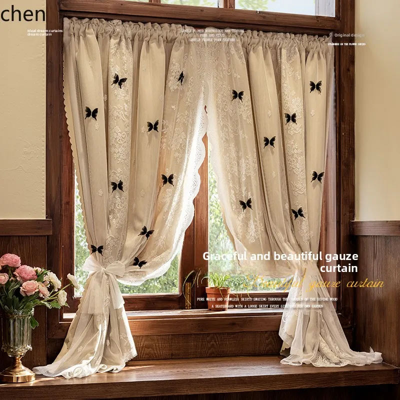 

YXY Customization Double-Layer Blackout Bedroom Curtains Sheer Integrated Butterfly Internet Celebrity Lace Door Curtain