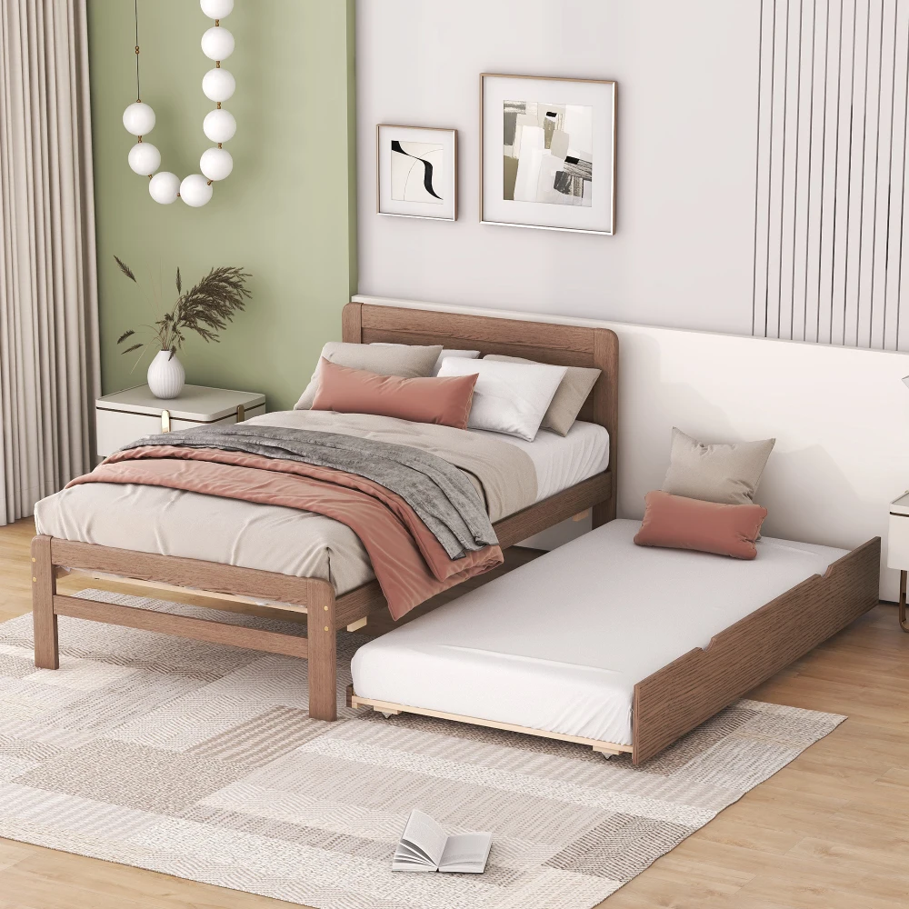 Modern Design Wooden Twin Size Platform Bed Frame with Trundle for Walnut Color