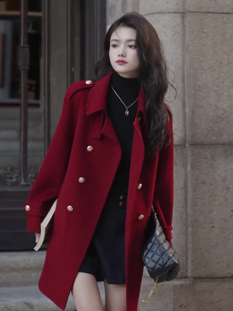 

Новое осенне-зимнее пальто в стиле Rich Girl: женское высококачественное красное шерстяное пальто средней длины в корейском стиле, однотонное, для повседневной носки
