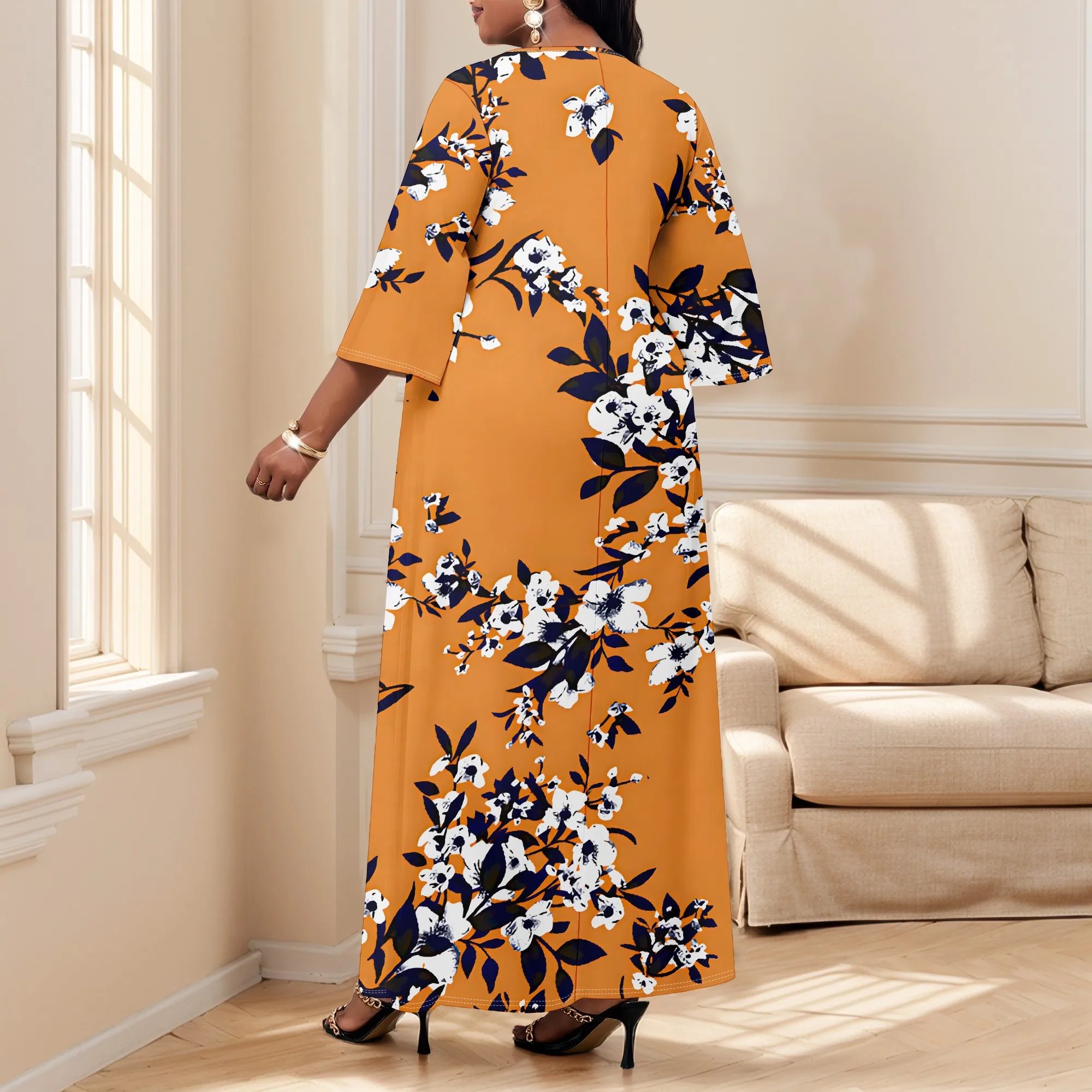 فستان نسائي متوسط الحجم بأكمام طويلة، رقبة على شكل حرف V صغيرة مطبوعة عصرية، فستان كاجوال منزلي #4