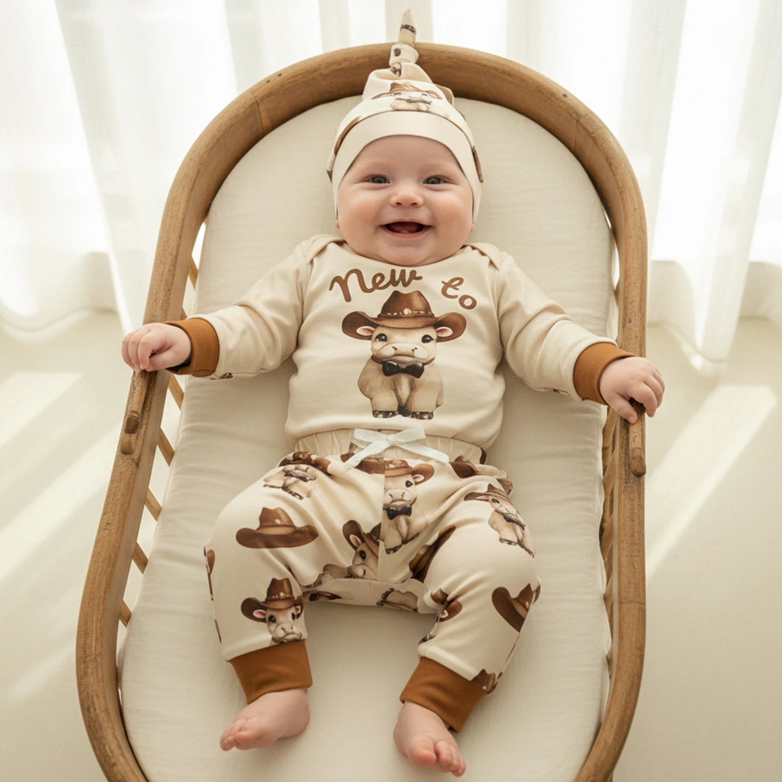 3피스 유아 남아 의상 카우걸 송아지 프린트 긴팔 크루넥 롬퍼 밴딩 조거 팬츠 모자 세트 남아 의류