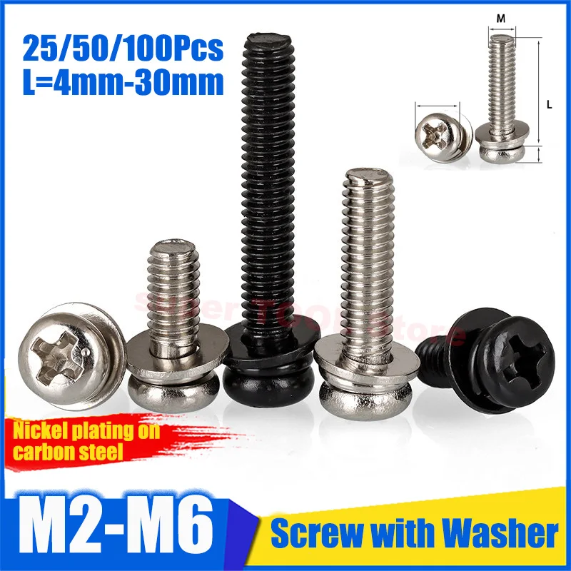 25-100Pcs M2 M2.5 M3 M4 M5 M6 Nickel Plated Pan Head Phillips Combination Screw With Washer Spring Washer Machine Screw Fastener