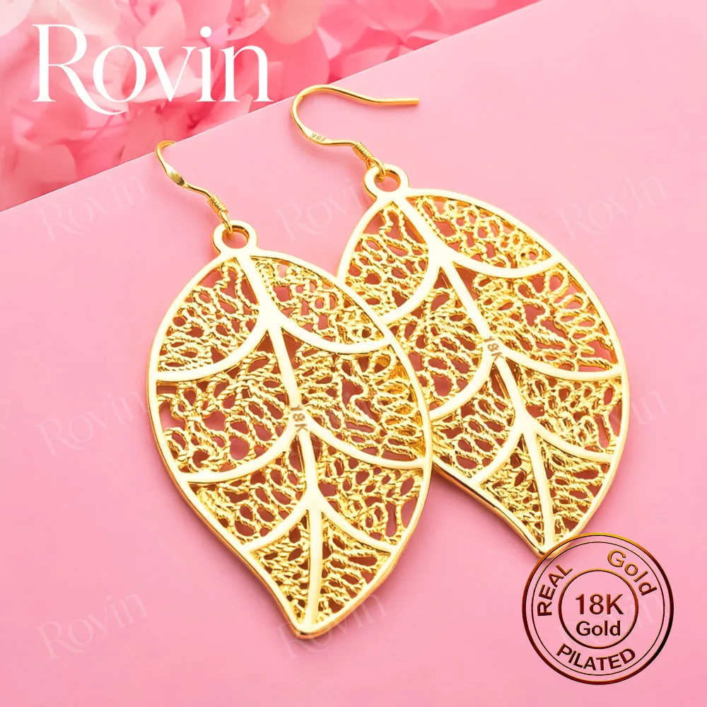18K Gold Exquisite Openwork Leaf Earrings – Minimalist, Stylish Jewelry for Women's Weddings and Parties