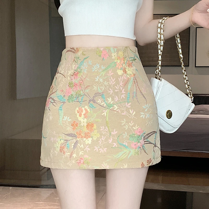 Chinese Style Vintage Summer Women's 2024 Patchwork High Waited Slim Fit Jacquard Embroidered Fashion Casual Bag Buttocks Skirt