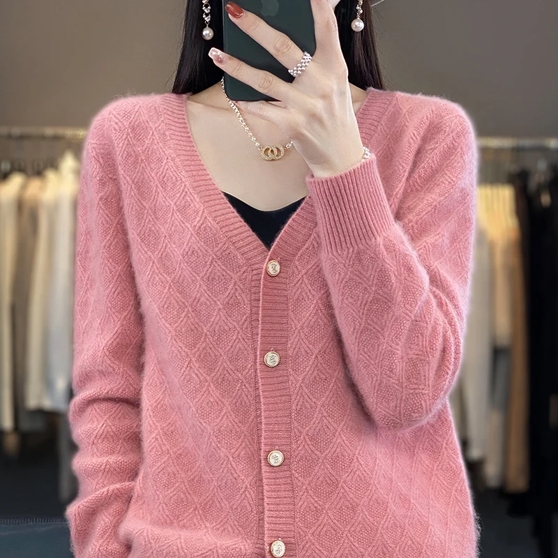 New V-neck cashmere sweater in autumn and winter 100% pure wool women's long sleeve cardigan Korean Joker coat bottoming shirt