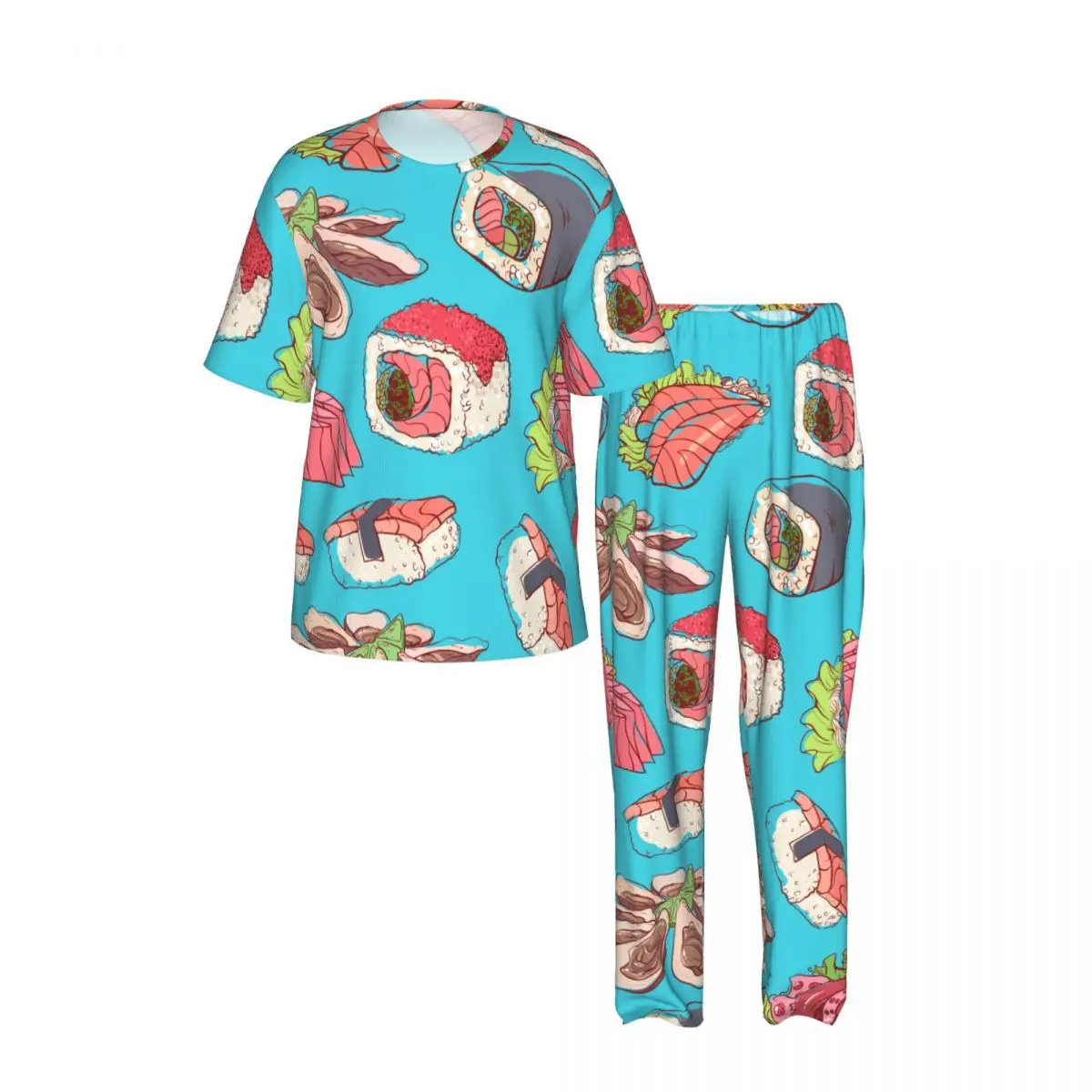 Sleepwear Summer Spring Home Clothes Japanese Asian Dishes With Shrimps Sashimi Seafoods Short Sleeve Long Pant Nightwear