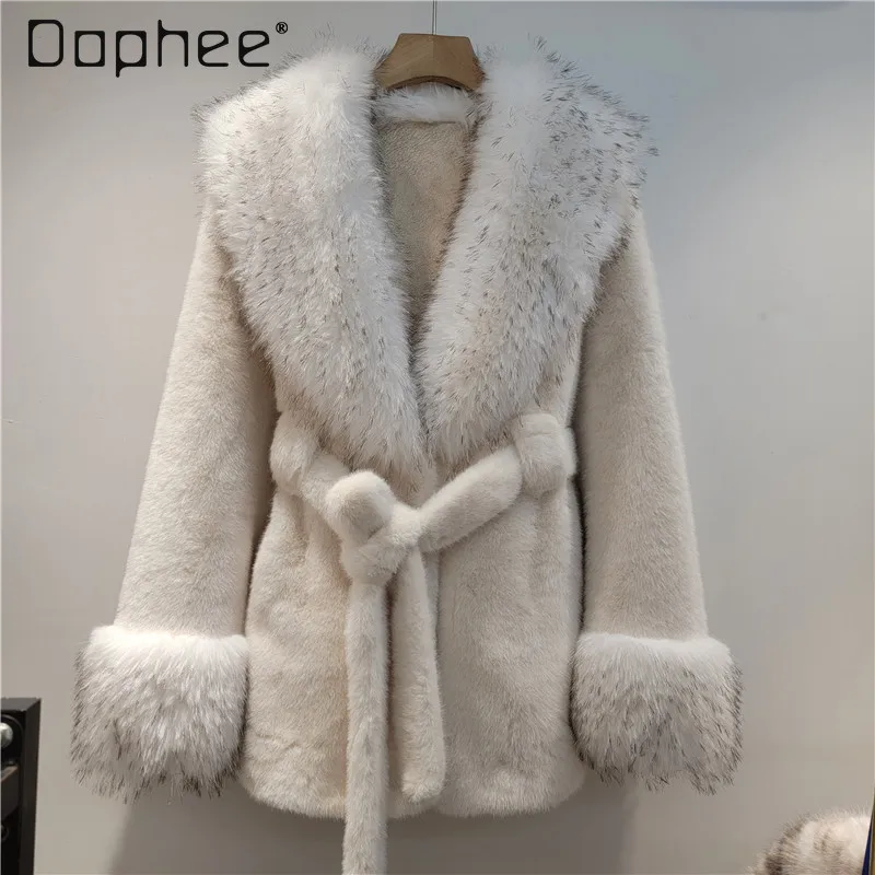 겨울 신상 우아한 사교계 친환경 모피 코트 여성용 인조 여우털 칼라 V넥 긴팔 두꺼운 따뜻한 코트