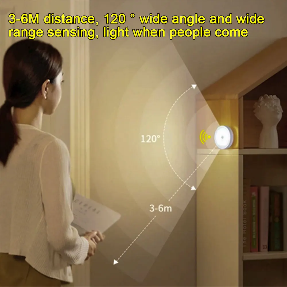 8 LED Round PIR Motion Sensor Wireless Night Lights USB Rechargeable Under Cabinet Light Energy-saving Automatic Induction Lamp