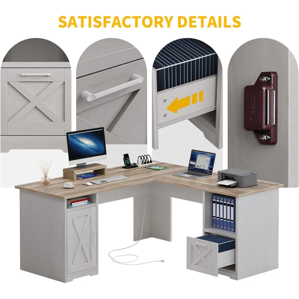 Scrivania a forma di L con cassetto portadocumenti, scrivania angolare per computer da 60" con prese di corrente, scrivania per ufficio domestico