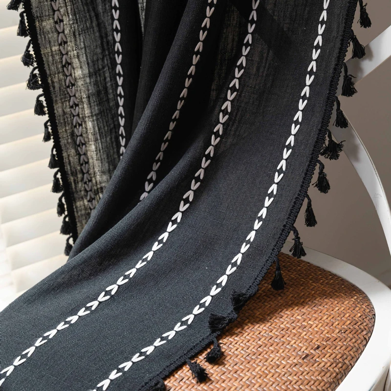 ستارة بوهو مع شرابة لغرفة النوم وغرفة المعيشة شبه قابلة للتطريز في المزرعة ستائر نافذة ريفية فرنسية لتزيين المنزل