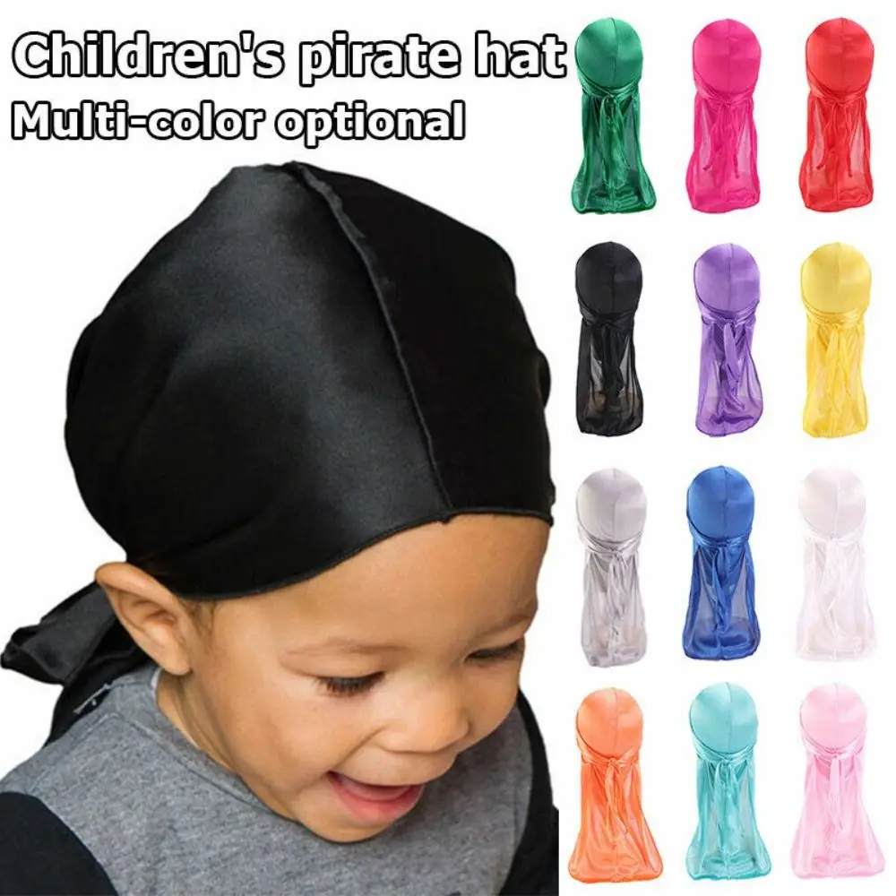 2Pcs Cap Imitation Silk Pirate Hat Pirate Durag Elastic Headwrap Long Tail Hip Hop Baby Turban Hijab Boy