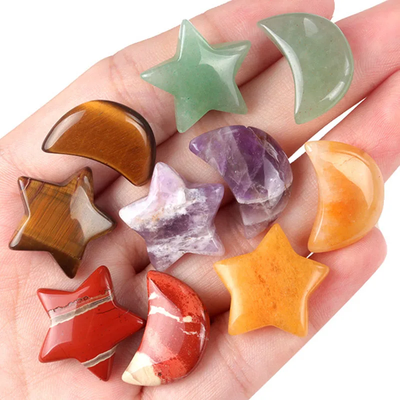 20mm Moon Star Shape Crystal Natural Stones Mini Sculpture Hand Carved Agate Gemstones Home Decor Gift