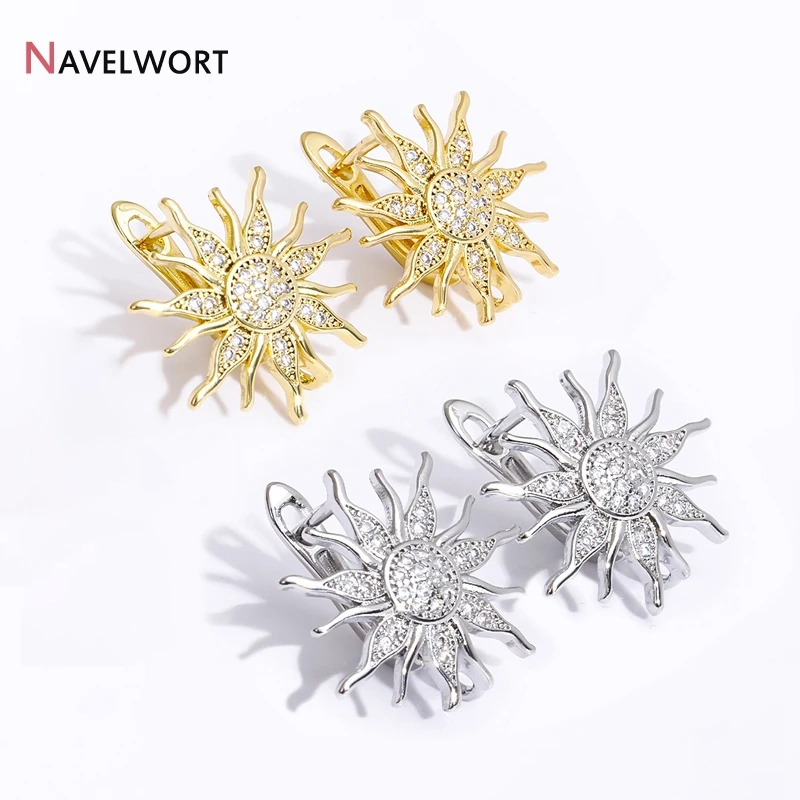 Rhodium Plated Brass Earwires Sun Earring Fixtures,DIY Earring Findings Accessories,Inlaid Zircon Sun Flower Earring Hook Clasps