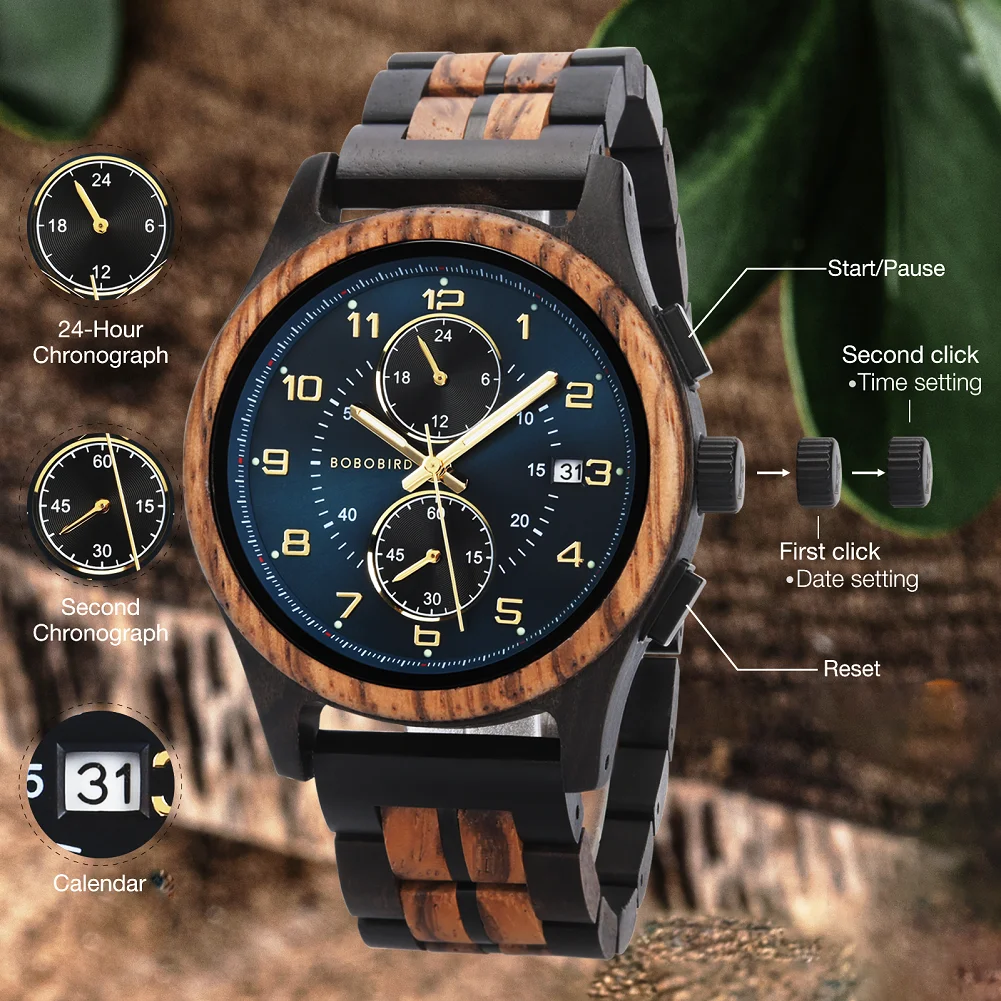 BOBO BIRD Men Watches 44mm Luxury Quartz Watch Lightweight Wooden Case and Straps Watches for Casual Support Customize Gift Box