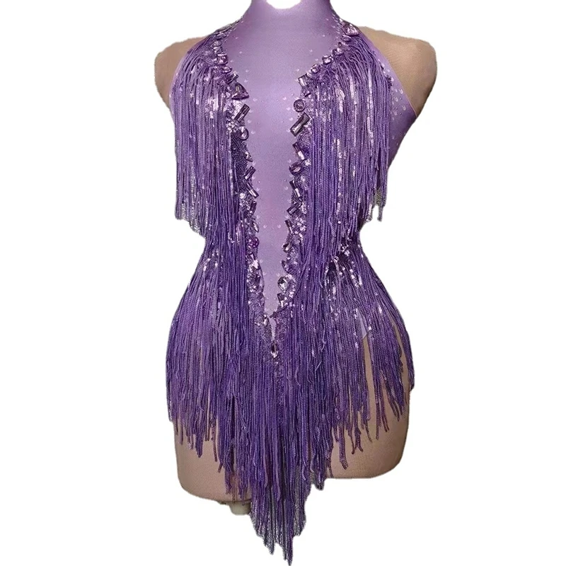 Sparkly Crystals Fringes Bodysuit Sexy Tassel Leotard Jazz Dance Costume One-piece Stage Wear Dancer Performance Show Clothing