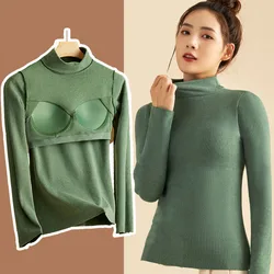 Women's Autumn Winter Clothes Long Sleeve T-Shirts Turtleneck Pullovers Undershirts Underwear Tops Blouse For Women Built-in Bra