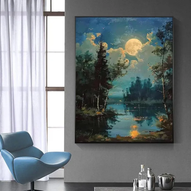 Póster de paisaje de río y flores coloridas, estanque de loto, paisaje mediterráneo Floral, pintura en lienzo, arte de pared, decoración del hogar para sala de estar