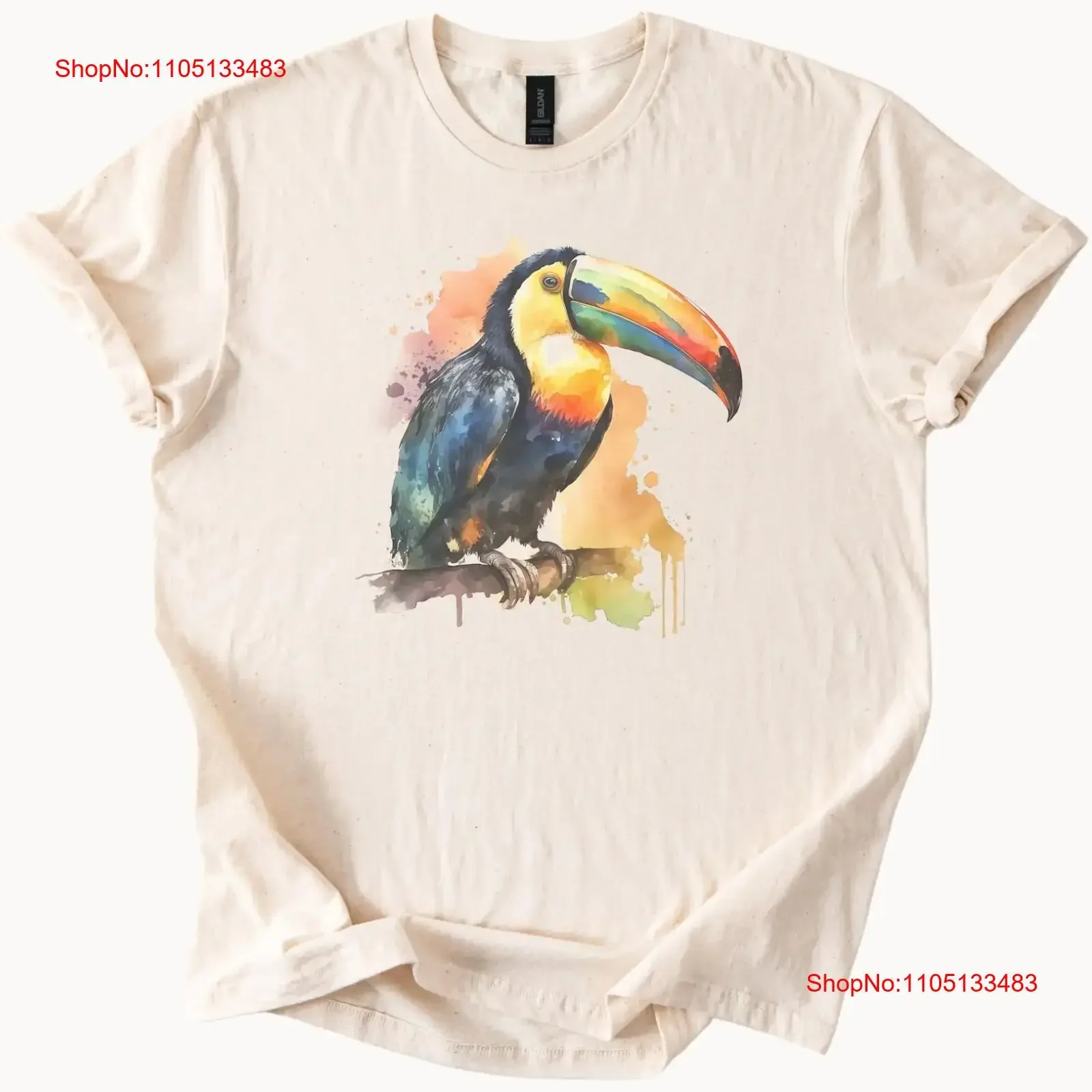 Camiseta de acuarela de tucán, arte de pájaro Tropical colorido, gráfico lavado vintage, ropa de diseñador informal Unisex ligeramente estirada