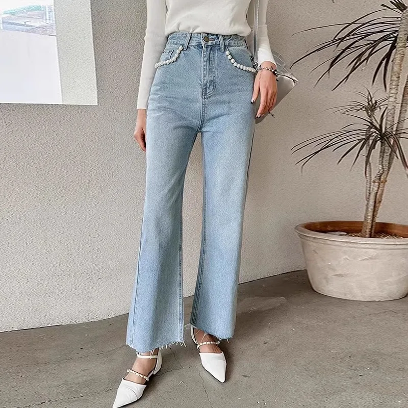 Neploe 2025 Spring New Denim Blue Pants Korean Vintage Pearl Pocket Straight Jeans Y2k High Waist Loose Wide Leg Pants