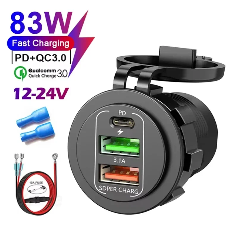 QC 3.0 PD30W Dual-USB-Schnellladegerät für Autos, 12V/24V, wasserdicht, mit Schalter, Auto-Schnellladeadapter, Stromanschluss