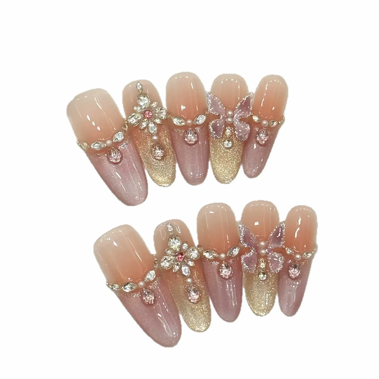 10 قطعة الصحافة اليدوية على الأظافر اللوز ثلاثية الأبعاد كريستال فراشة الأظافر كاذبة ديكور بريق الفرنسية تلميح الأظافر وهمية أنيقة أحمر الخدود مسمار الفن