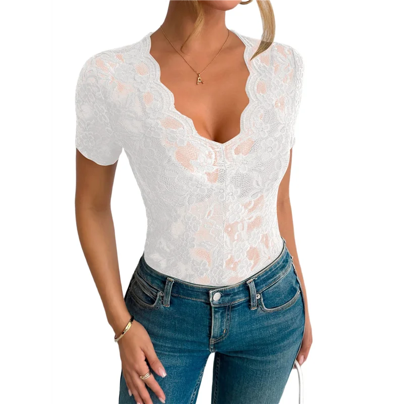 Mesh-Top für Damen, kurzärmelig, Rundhalsausschnitt, tailliertes Oberteil, solide T-Shirts mit floraler Spitze, durchsichtige Blusen mit V-Ausschnitt