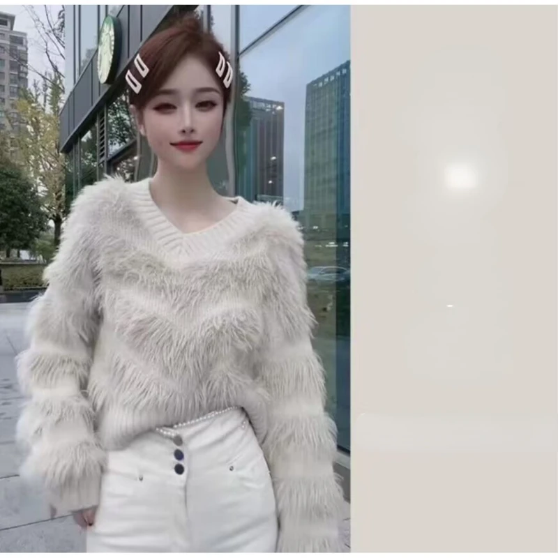 Fluffy Sweater Women Knitted Pullover Faux Mink Sweater Korean Fashion Loose Tops Kawaii Clothing Long Sleeve Y2k Clothes