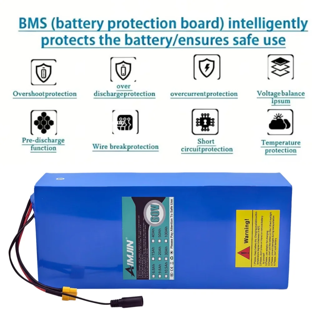 60V 20Ah Lithium Battery Pack 16S6P 18650 1000-2500W High Power Electric Vehicle Scooter Motorcycle Tricycle +67.2V Charger