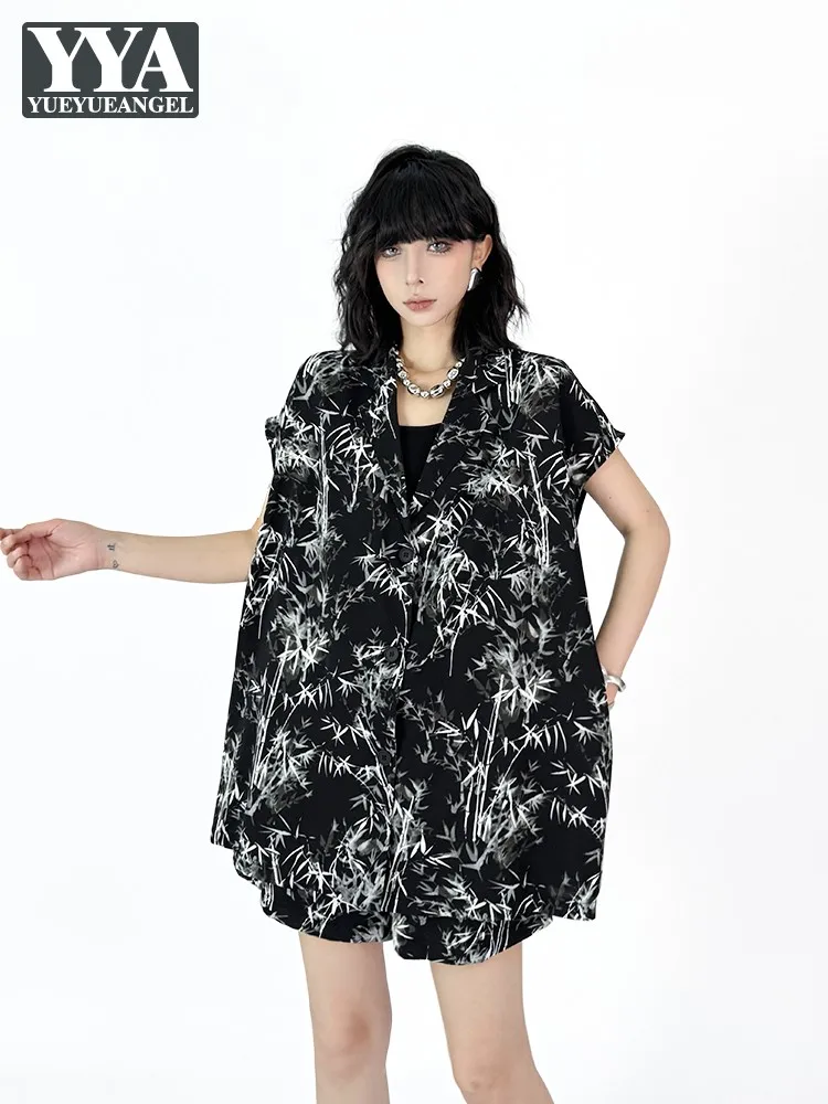 

Summer Women Bamboo Print Sleeveless Sets Loose Suit Collar Vest Elastic Waist Fashion Above Knee Length Shorts Matching Set