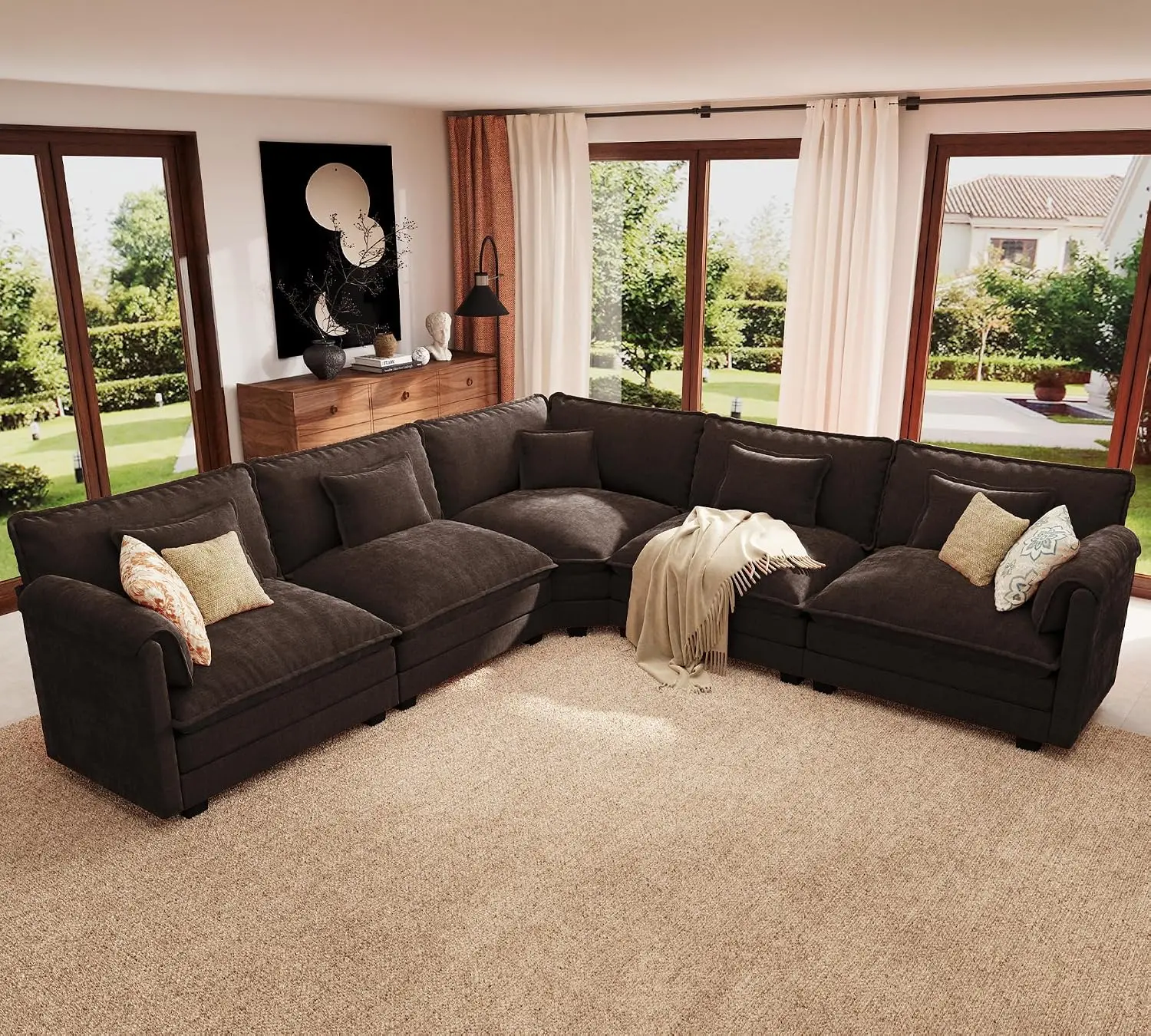 V Shaped Modular Sectional Sofa, Cloud Sofa with Removable Cover, 5-Seat Chenille Couch for Living Room, Customized