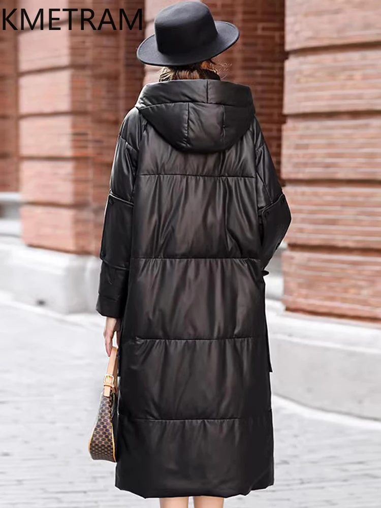 معطف KMETRAM من جلد الغنم الطبيعي أسفل معطف أسفل جلد طبيعي أسفل سترة نسائية شتوية غير رسمية بقلنسوة ملابس خارجية طويلة 2025 ropa mujer
