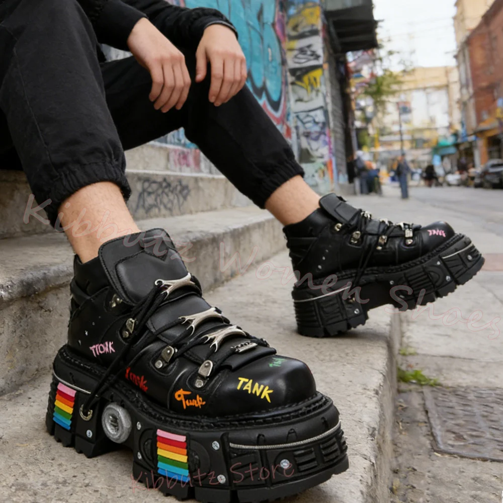 Colorful Graffiti Platform Boots Women Sneaker Punk Rock Chunky Sole Rainbow Stripes Y2K Gothic Shoes Heavy Duty Fashion Elegant view 2