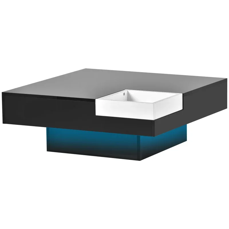 Modern Minimalist Design 31.5*31.5in Square Coffee Table with Tray and Plug-in 16-color LED Strip Lights Remote Control