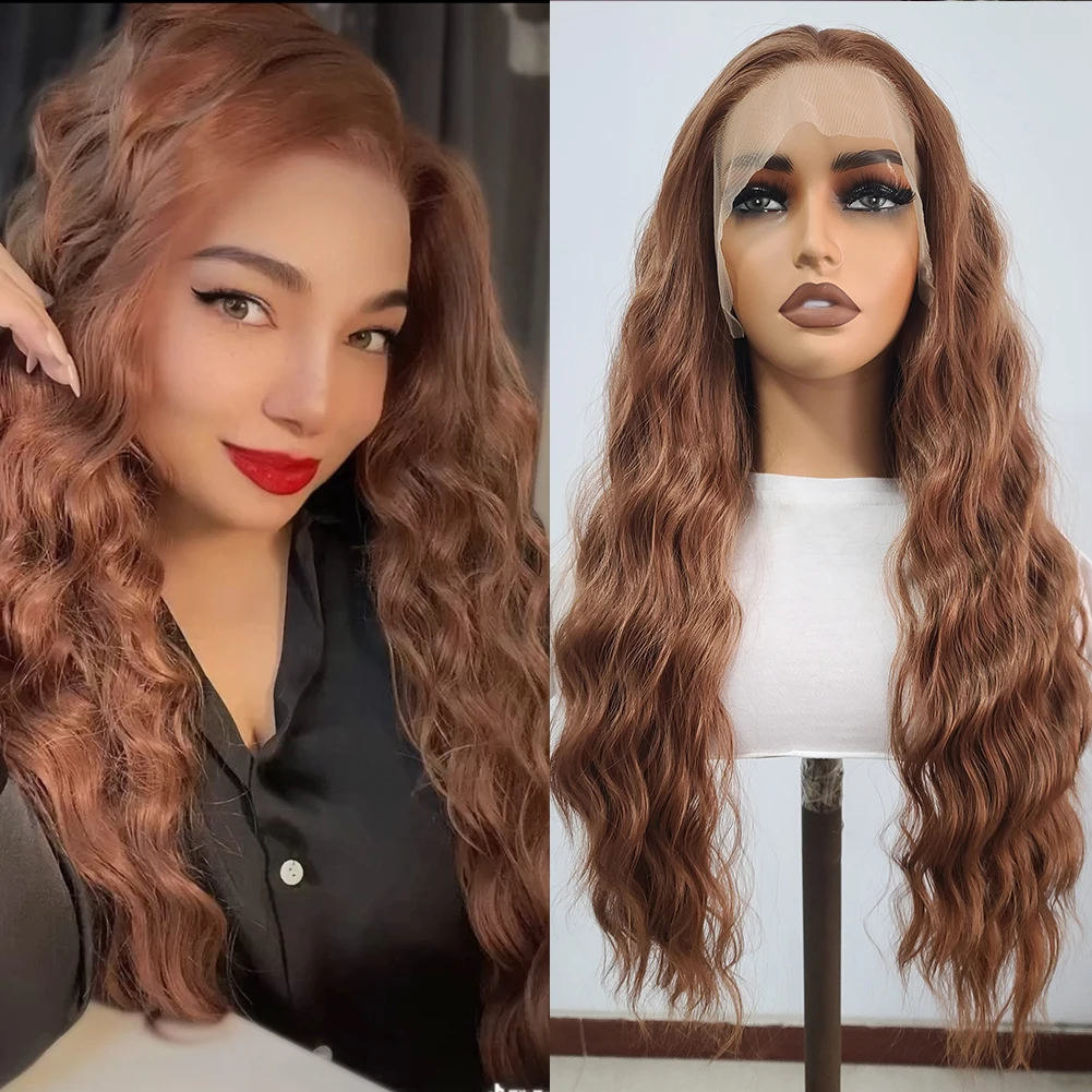 Synthetic Lace Wig Long Deep Wavy Reddish Brown Lace Frontal Wigs For Black Women Heat Resistant Cosplay Party Wigs