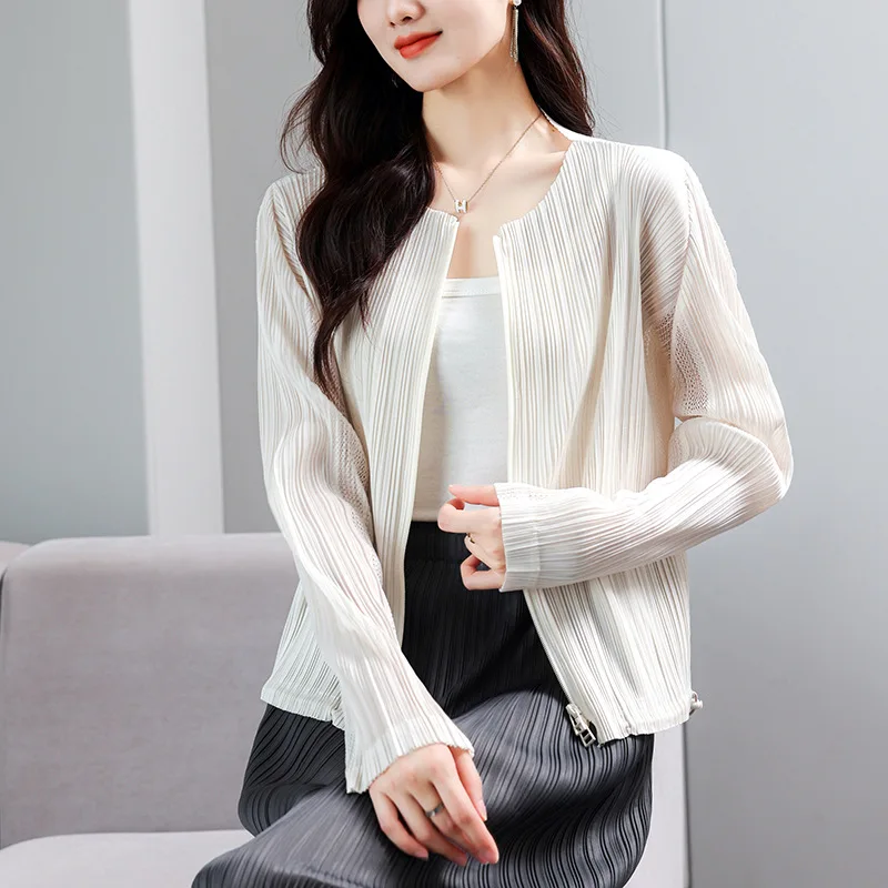 Miyake Pleated 2026 Summer New Original Round Neck Cardigan Jacket Loose Fit Versatile Slimming Elegant Casual Sun Protection